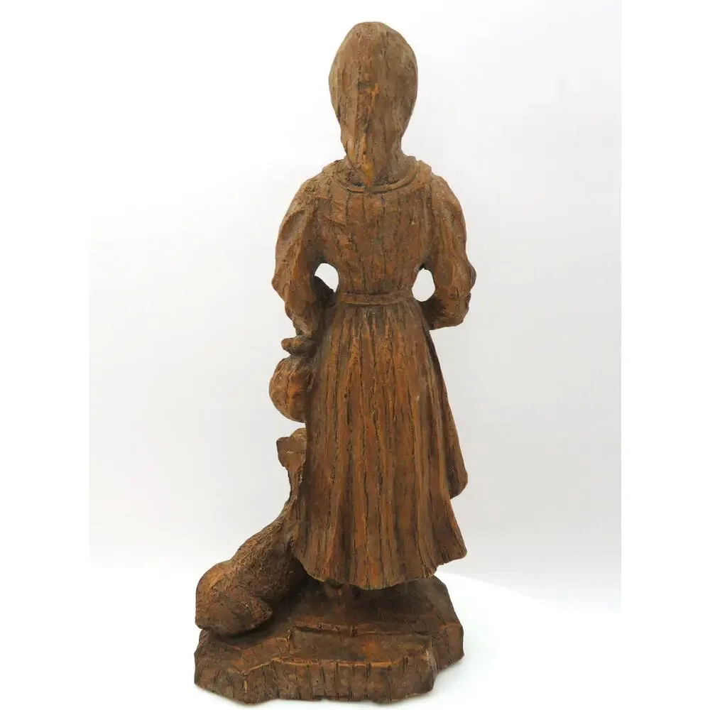 Vintage Carved Wood Woman with Lamb Figurine 8in Folk Art Naturholz Geschnitzt
